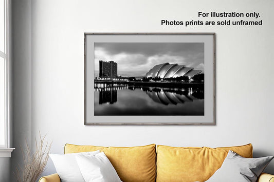 Armadillo Glasgow monochrome cityscape print in frame on wall with text