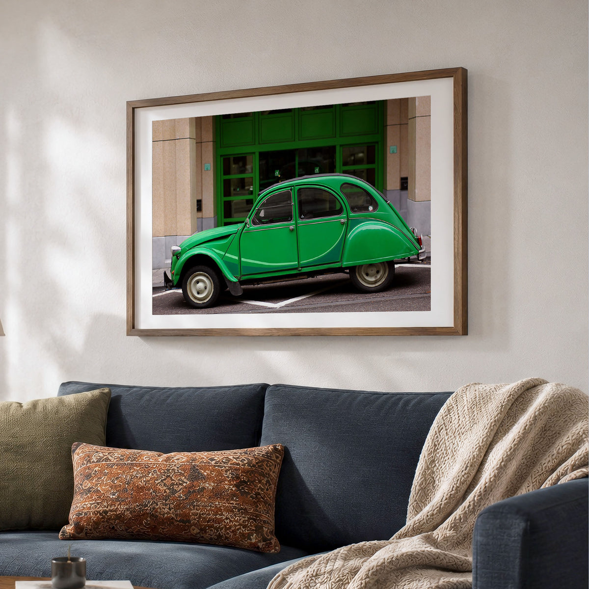 Green Classic Car Print, Vintage Citroen 2CV, Brussels Street Photography