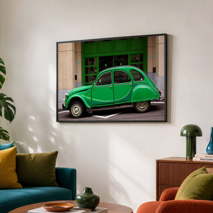 Green Classic Car Print, Vintage Citroen 2CV, Brussels Street Photography
