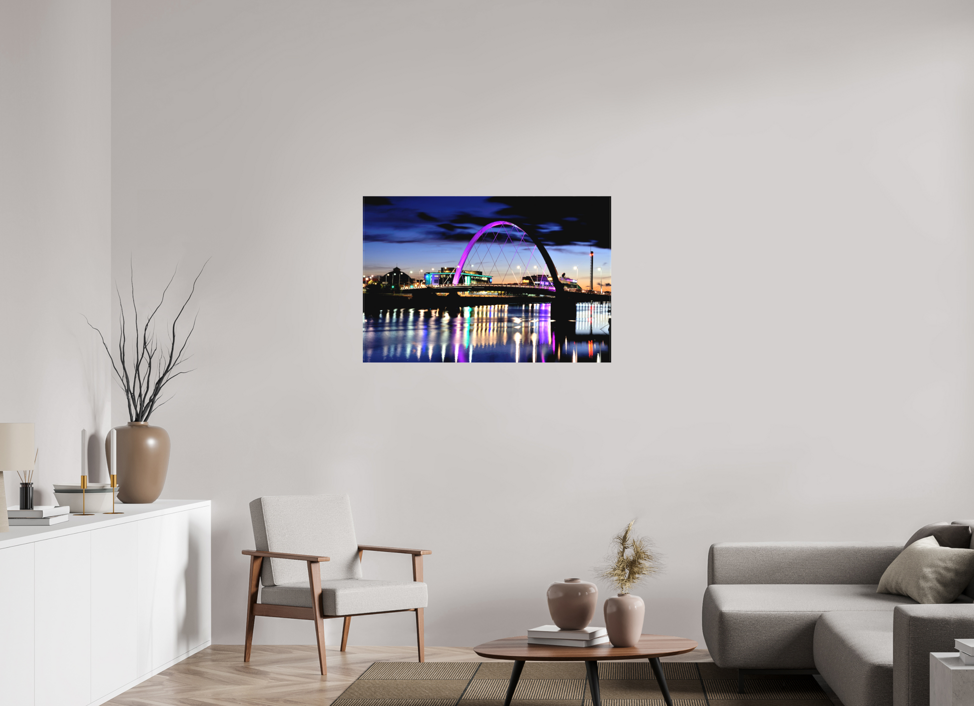 105 x 70 cm, Matte Canvas on Stretcher Frame Glasgow Squinty Bridge at Night | Modern Scottish Cityscape Wall Art