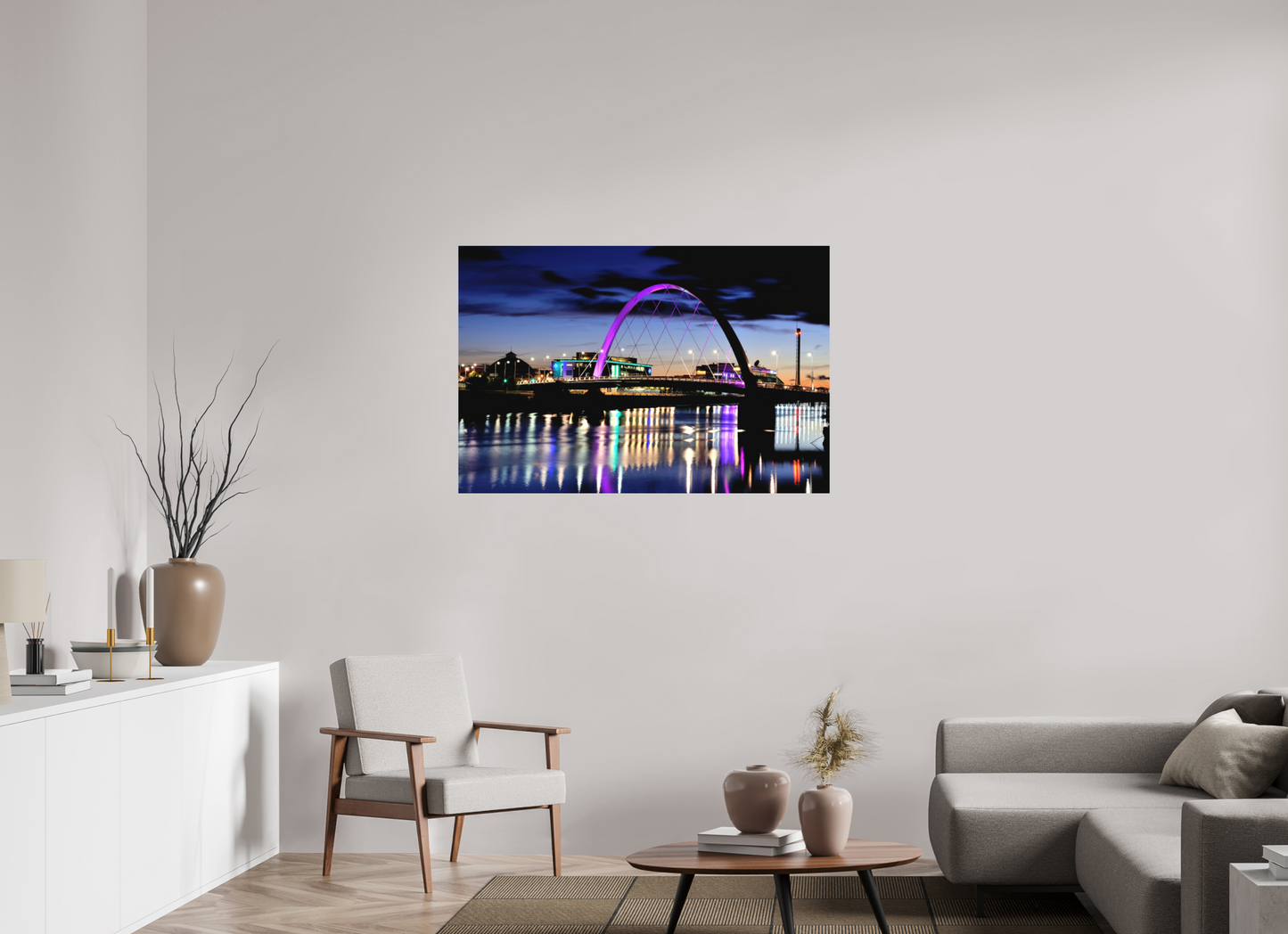 120 x 80 cm, Direct Print on Aluminium Dibond Glasgow Squinty Bridge at Night | Modern Scottish Cityscape Wall Art