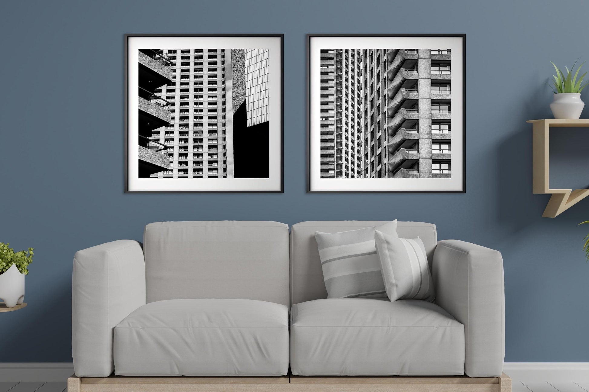 Barbican Square prints on blue wall