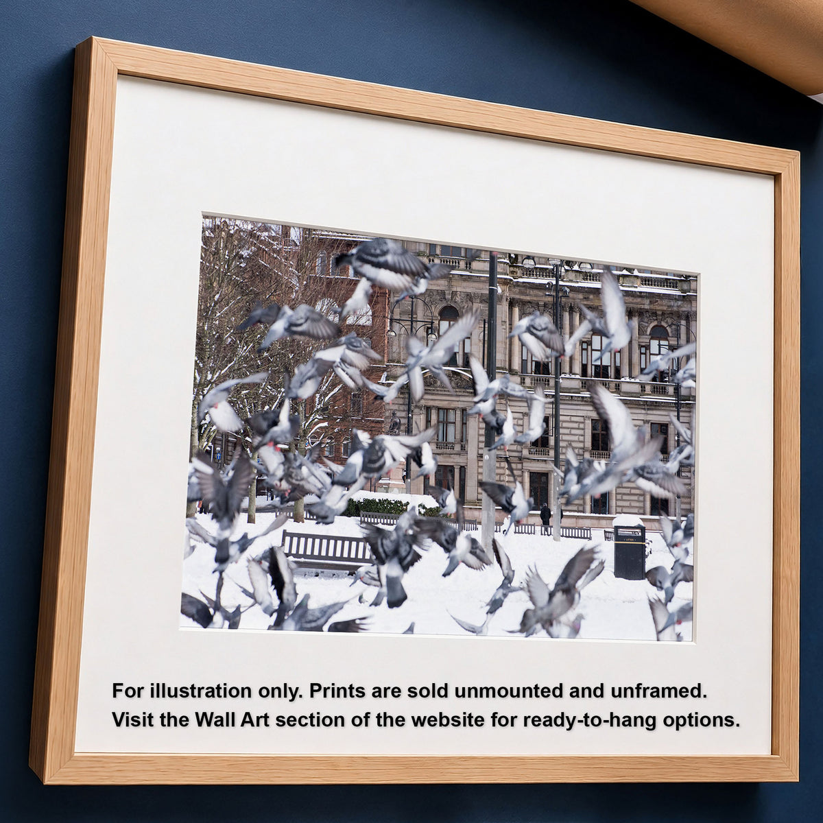Glasgow Winter Photo Print | Snowy George Square Cityscape with Pigeons in Flight