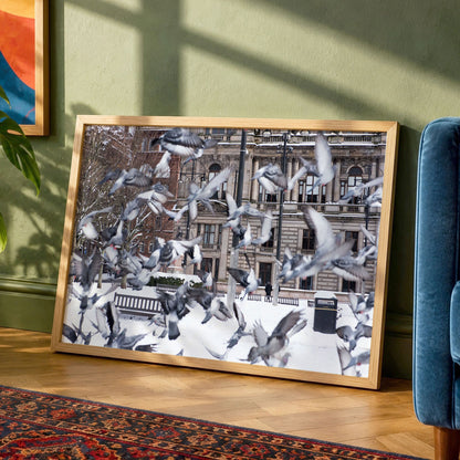 Glasgow Winter Photo Print | Snowy George Square Cityscape with Pigeons in Flight