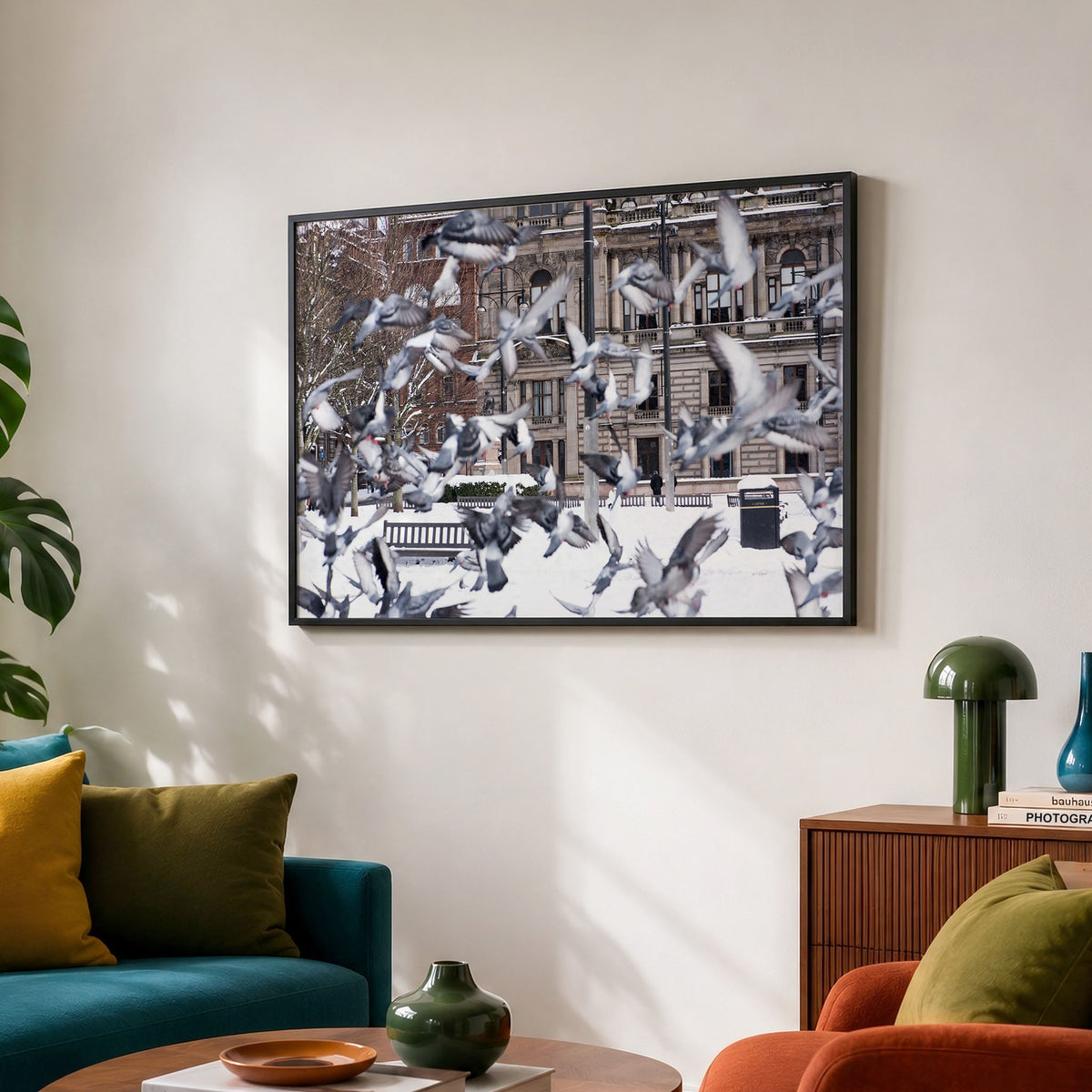 Glasgow Winter Photo Print | Snowy George Square Cityscape with Pigeons in Flight