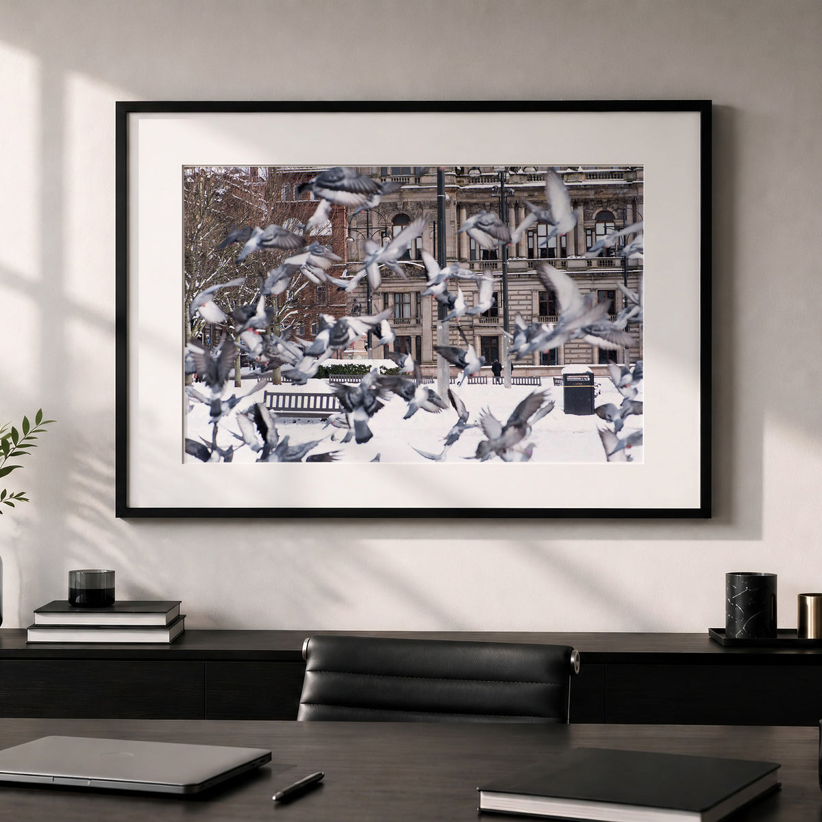 Glasgow Winter Photo Print | Snowy George Square Cityscape with Pigeons in Flight