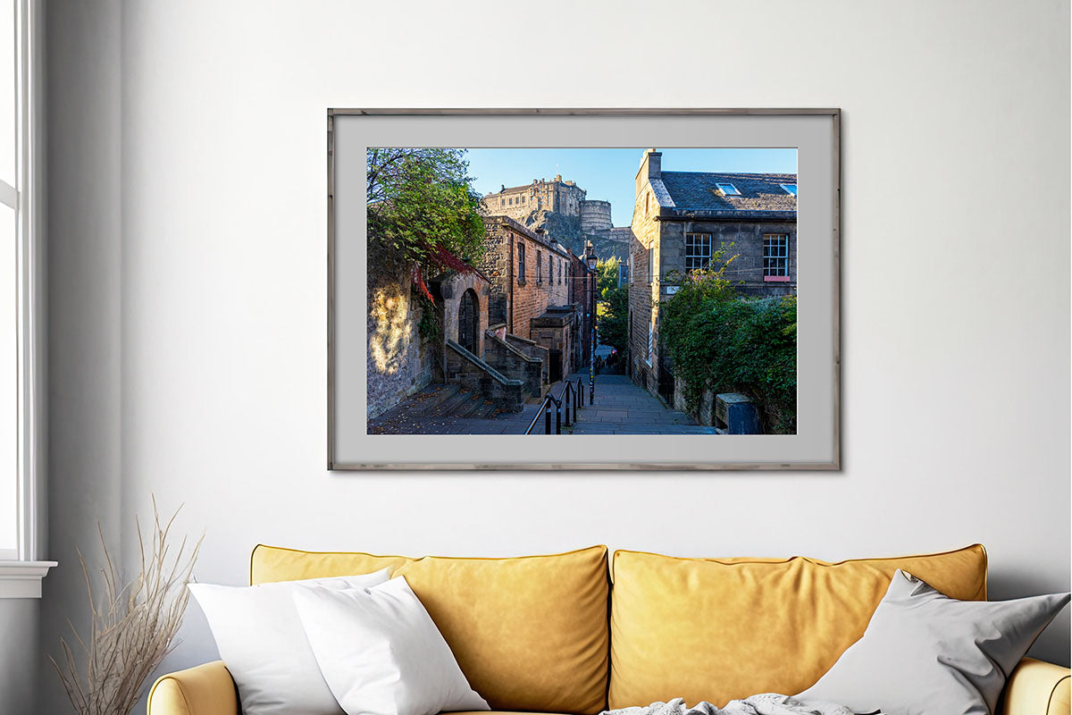 Edinburgh Castle and Edinburgh Vennel cityscape photo print mockup on wall