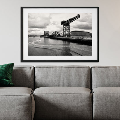 Glasgow Clydeside Landmarks Print | Black and White River Clyde Cityscape