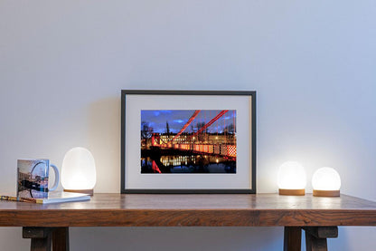 Glasgow Carlton Bridge Night print in small frame on table 