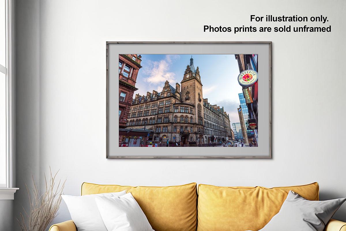 Glasgow Central Clock Tower print in frame on wall with text overlay
