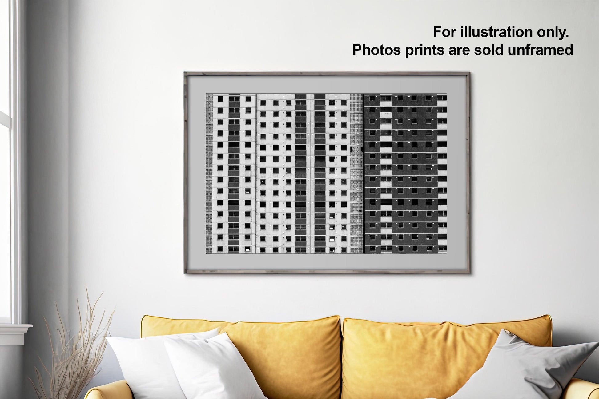 Glasgow Gorbals Norfolk Court Tower block framed print on living room wall with info text overlay