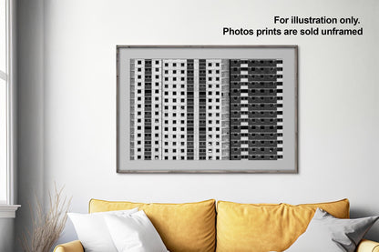 Glasgow Gorbals Norfolk Court Tower block framed print on living room wall with info text overlay