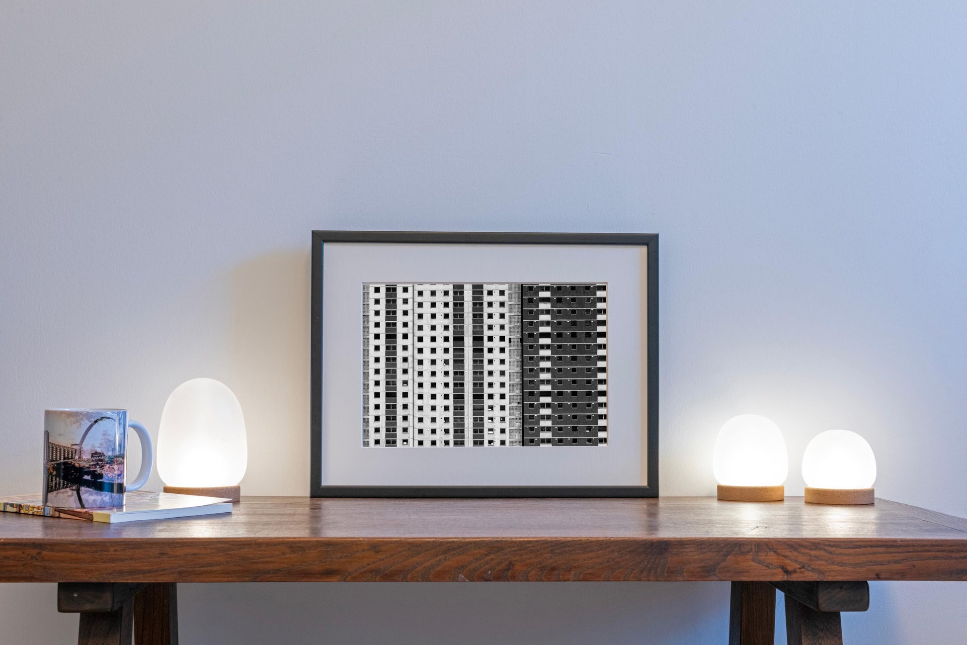 Glasgow Gorbals Norfolk Court Tower block framed print on table