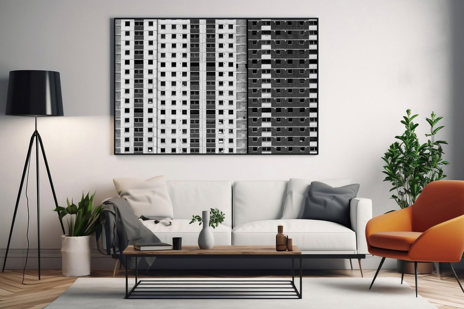 Glasgow Gorbals Norfolk Court Tower block wall art on  living room wall