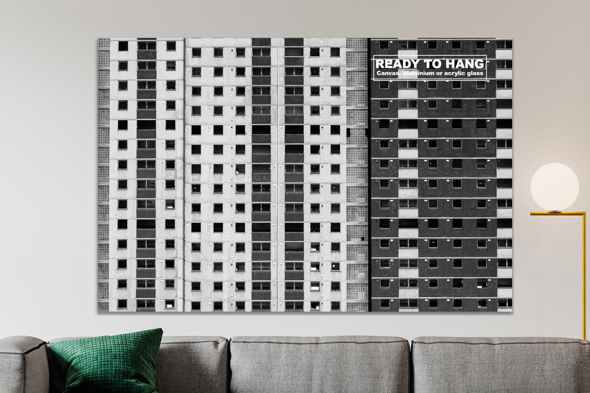 Glasgow Gorbals Norfolk Court Tower block wall art on  living room wall with ready to hang text overlay