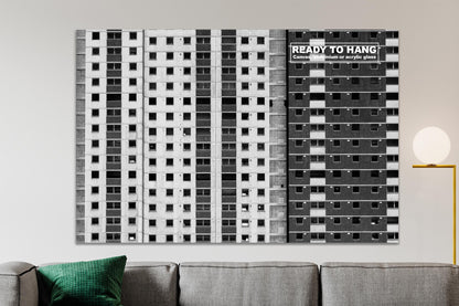 Glasgow Gorbals Norfolk Court Tower block wall art on  living room wall with ready to hang text overlay