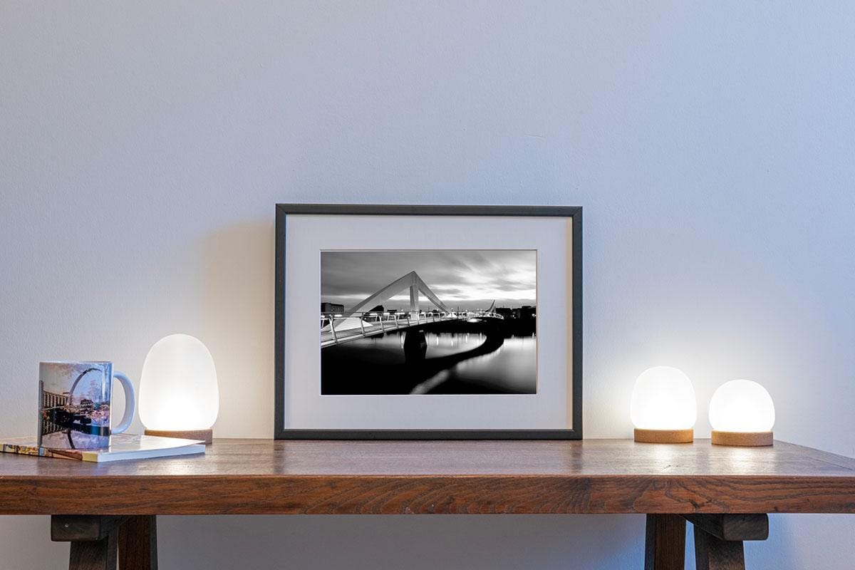 Glasgow Squiggly Bridge BW dusk photo in frame on table