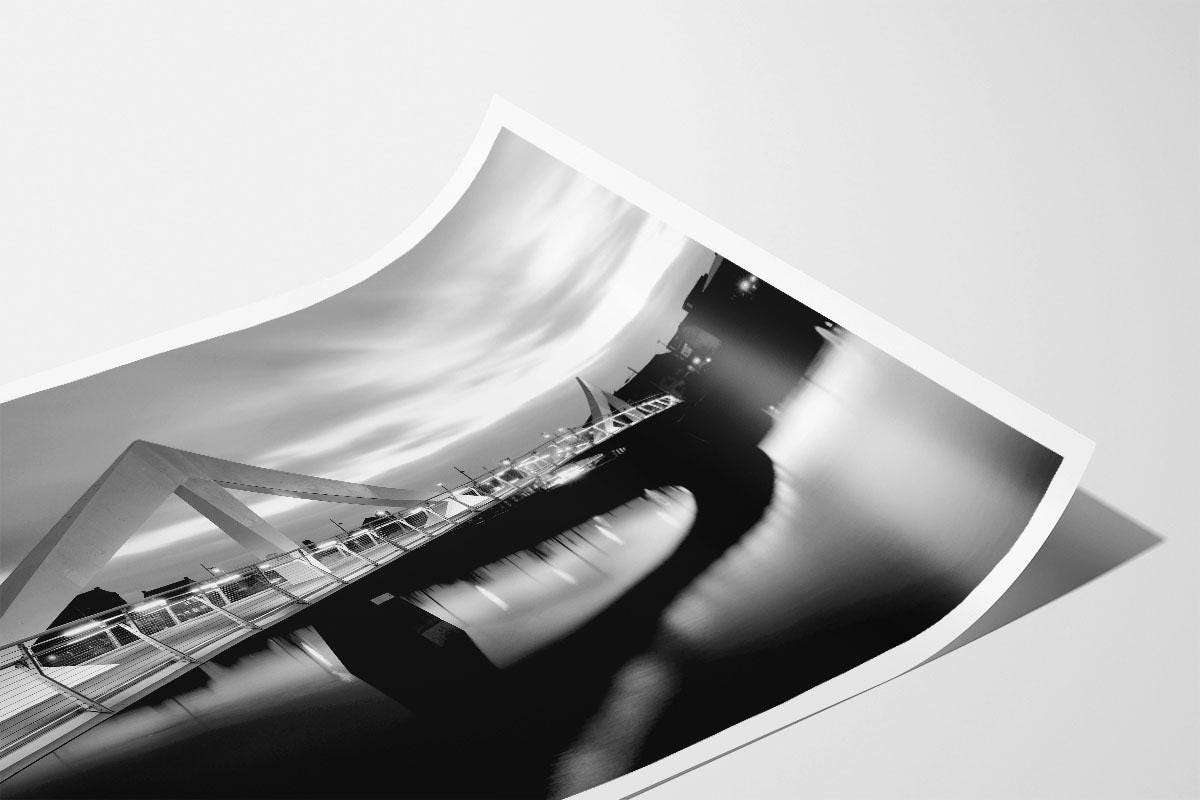 Glasgow Squiggly Bridge BW dusk photo print