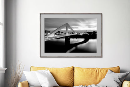 Glasgow Squiggly Bridge BW dusk photo print in living room