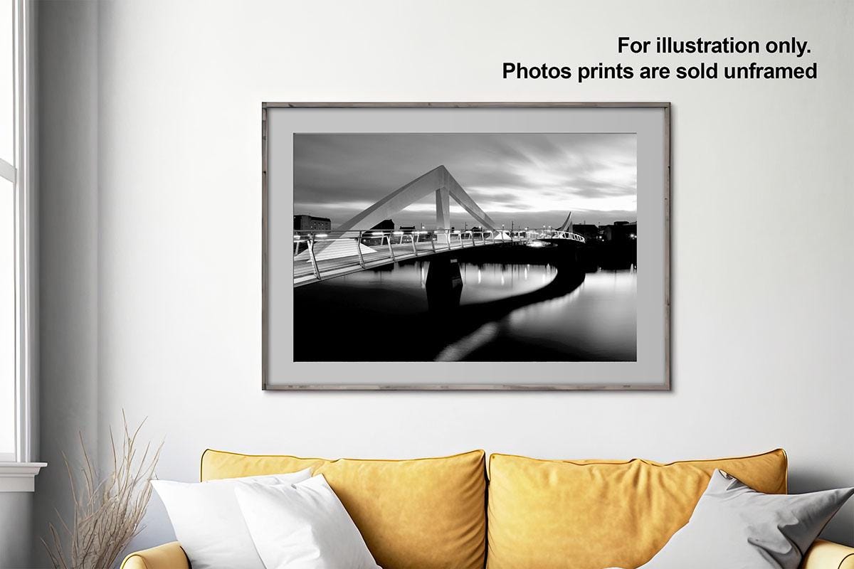 Glasgow Squiggly Bridge BW dusk photo print with text