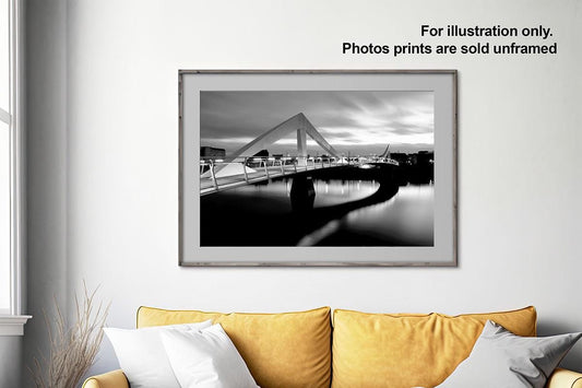 Glasgow Squiggly Bridge BW dusk photo print with text