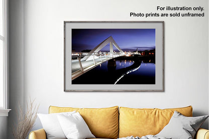 Glasgow Squiggly Bridge Night Purple print in frame with text