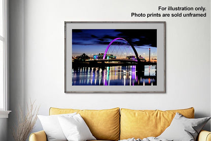 Glasgow Squinty Bridge Night framed print with text