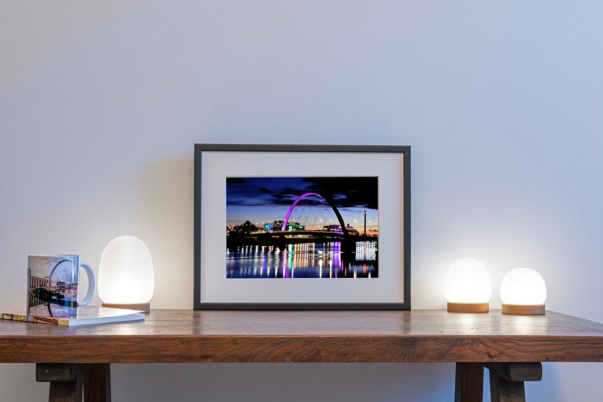 Glasgow Squinty Bridge Night in small frame on table