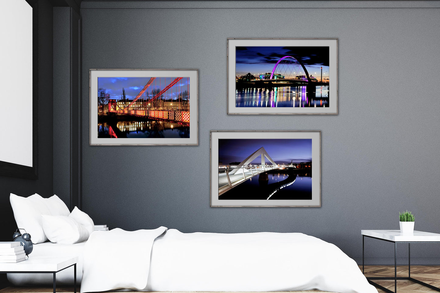 Glasgow Squinty Cartlon Squiggly Bridges at Night framed prints on bedroom wall