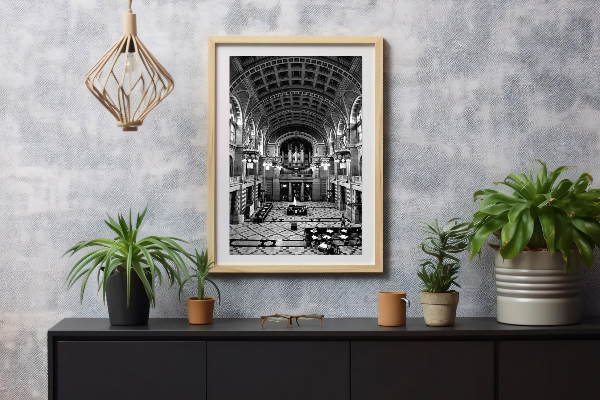 Kelvingrove Museum interior black and white framed print in living room