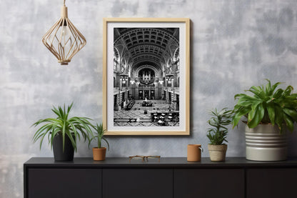 Kelvingrove Museum interior black and white framed print in living room