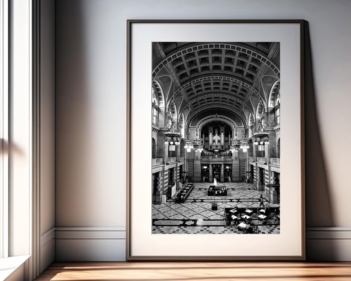 Kelvingrove Museum interior black and white framed print leaning on wall