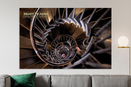 London monument staircase on wall with text overlay