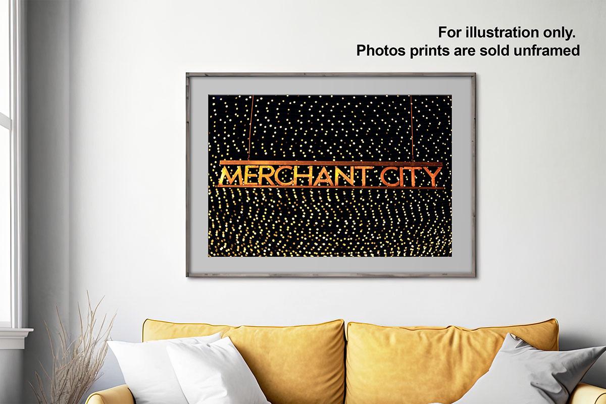 Merchant City Lights Photo Print in large frame on wall with text overlay