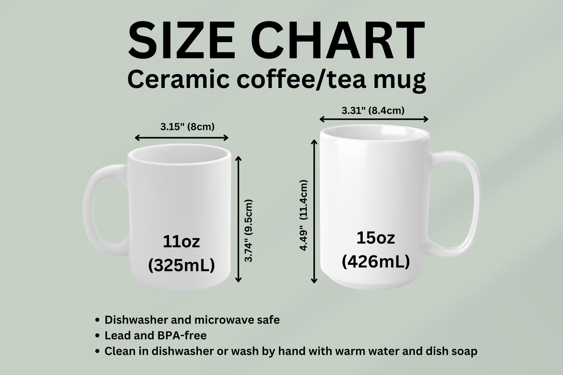 Mug size chart of 11oz and 15oz mugs
