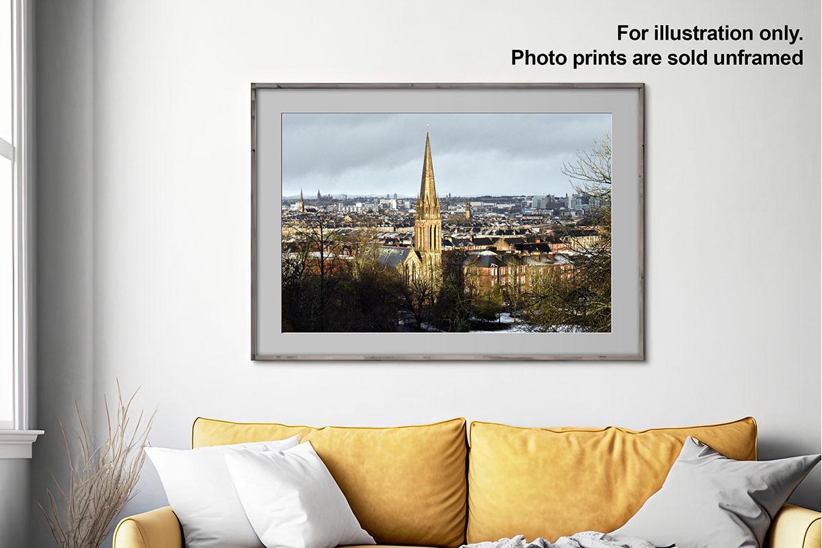 Queen's Park snowy landscape print on wall with text