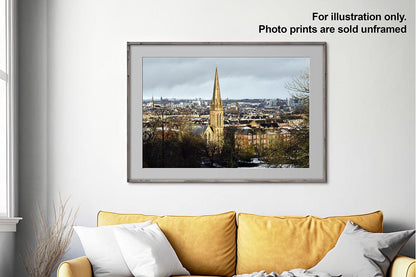 Queen's Park snowy landscape print on wall with text