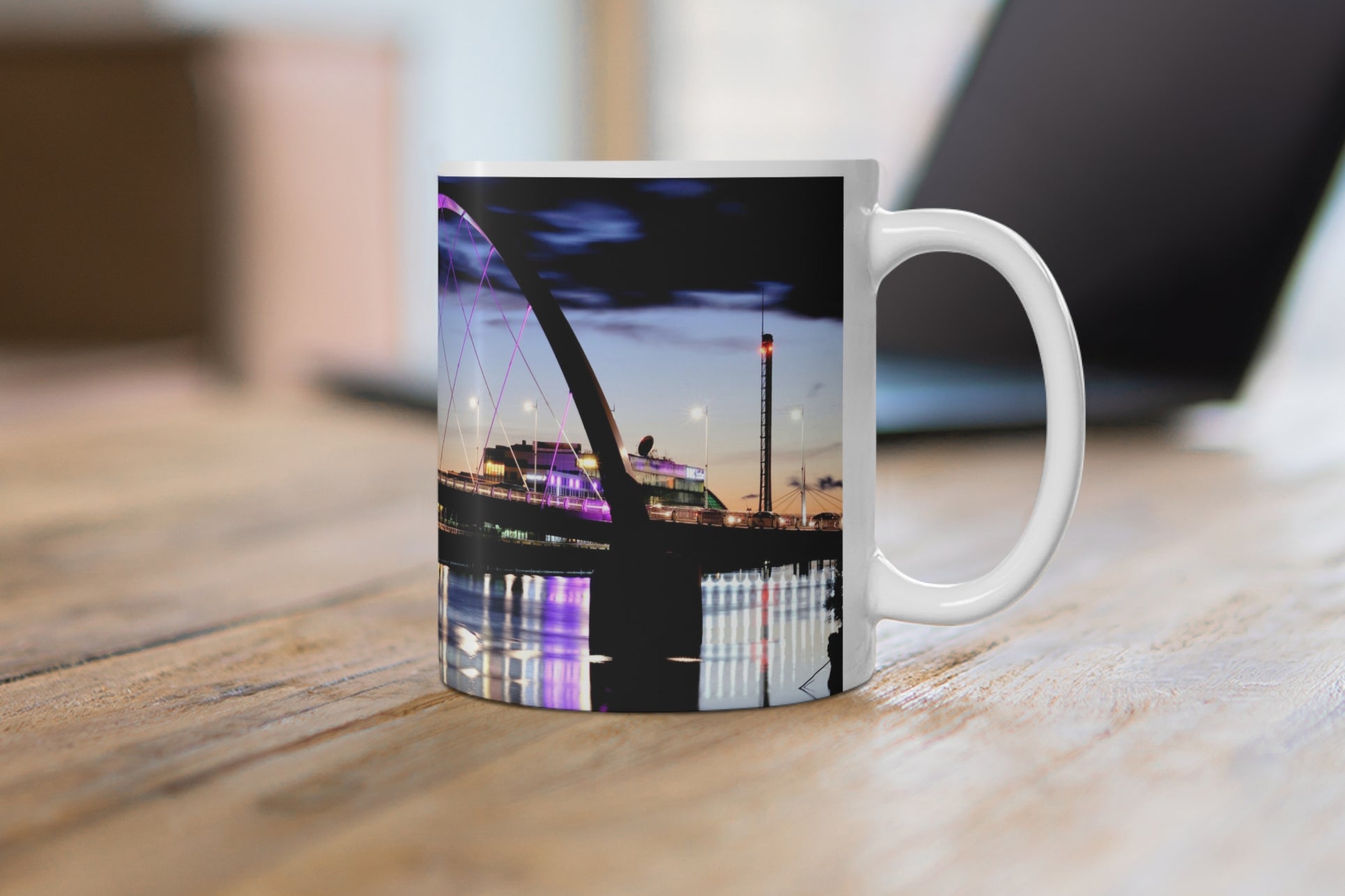 Squinty Bridge 11oz mug mockup on desk
