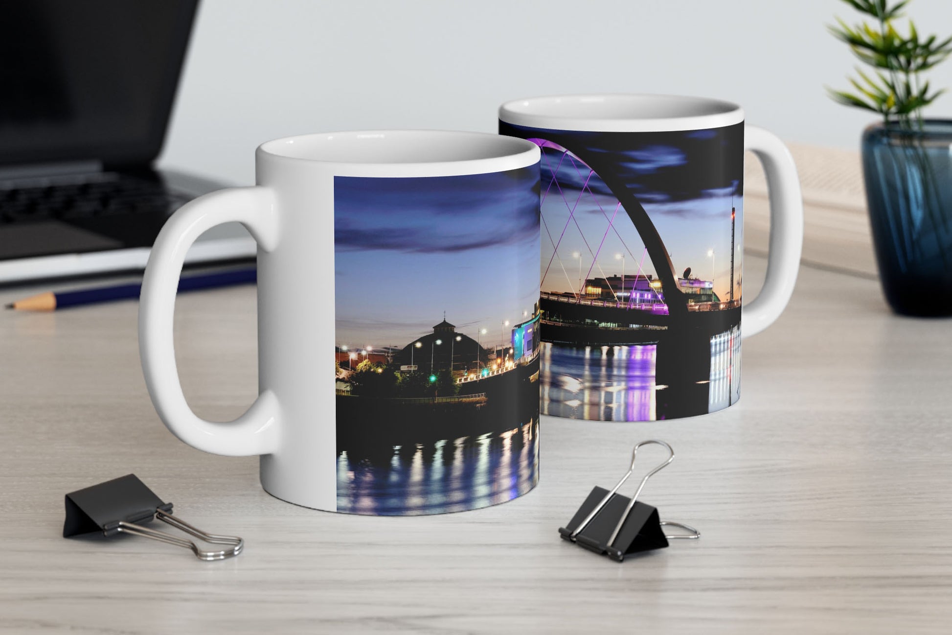 Squinty Bridge 11oz mug mockup on desk