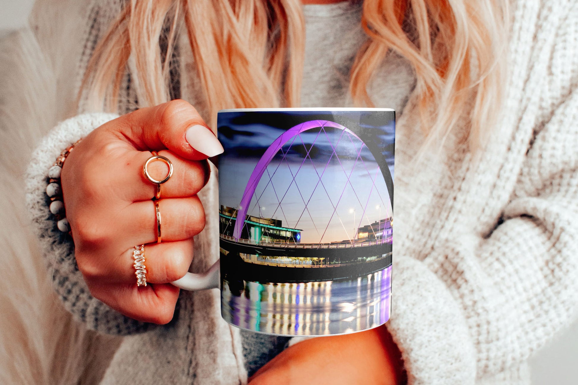 Squinty Bridge Mug 11oz mockup with hand model