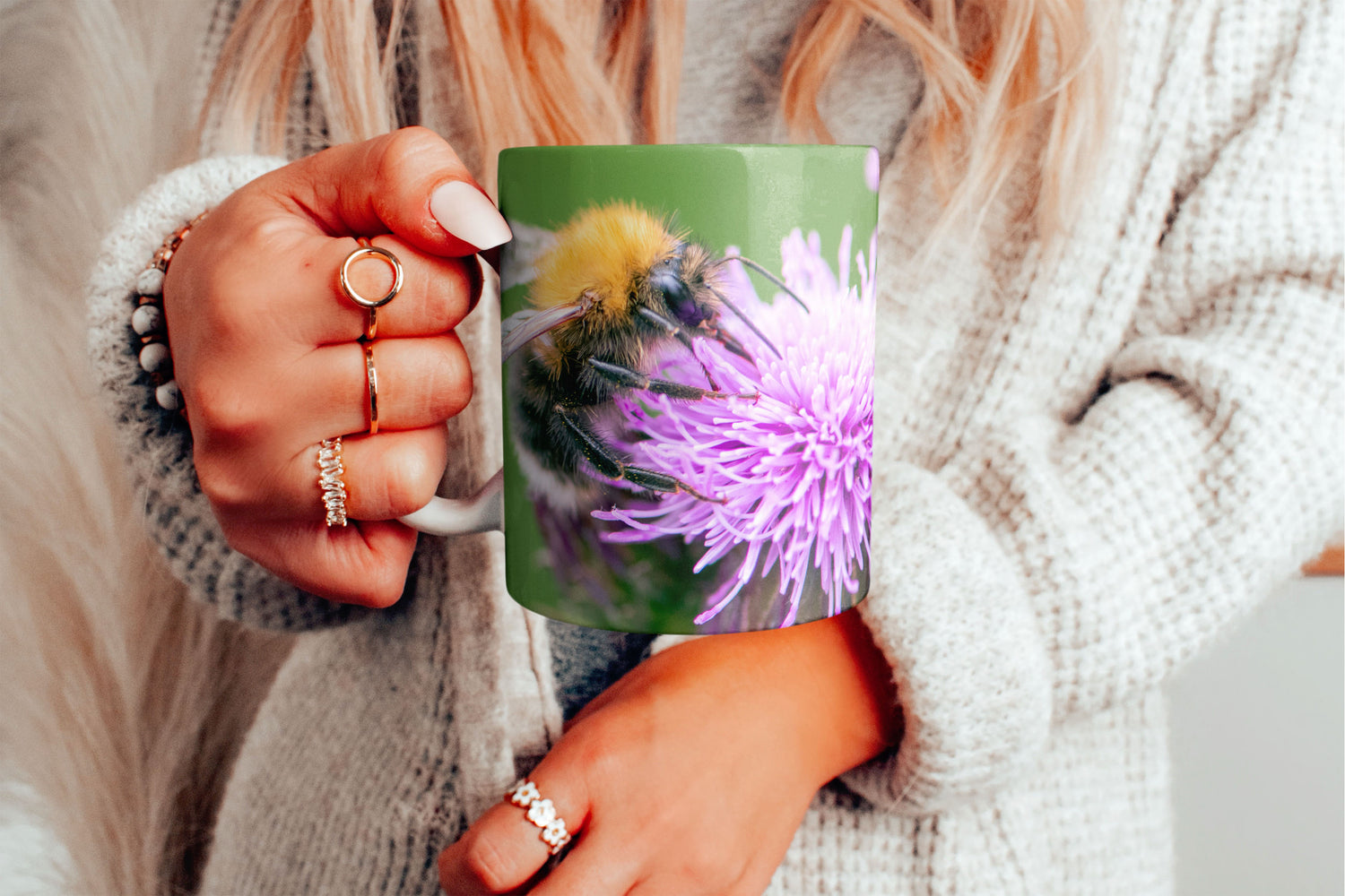 Bee on thistle photo mug mockup