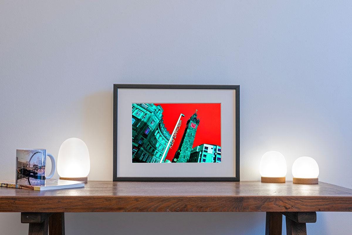Trongate Glasgow Cross Red Filter photo print in small frame on table