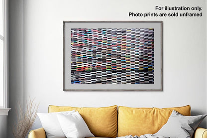 Wall of Sound cassette tapes wall art in frame in living room with text overlay