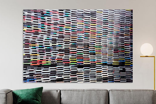 Wall of Sound cassette tapes wall art in living room