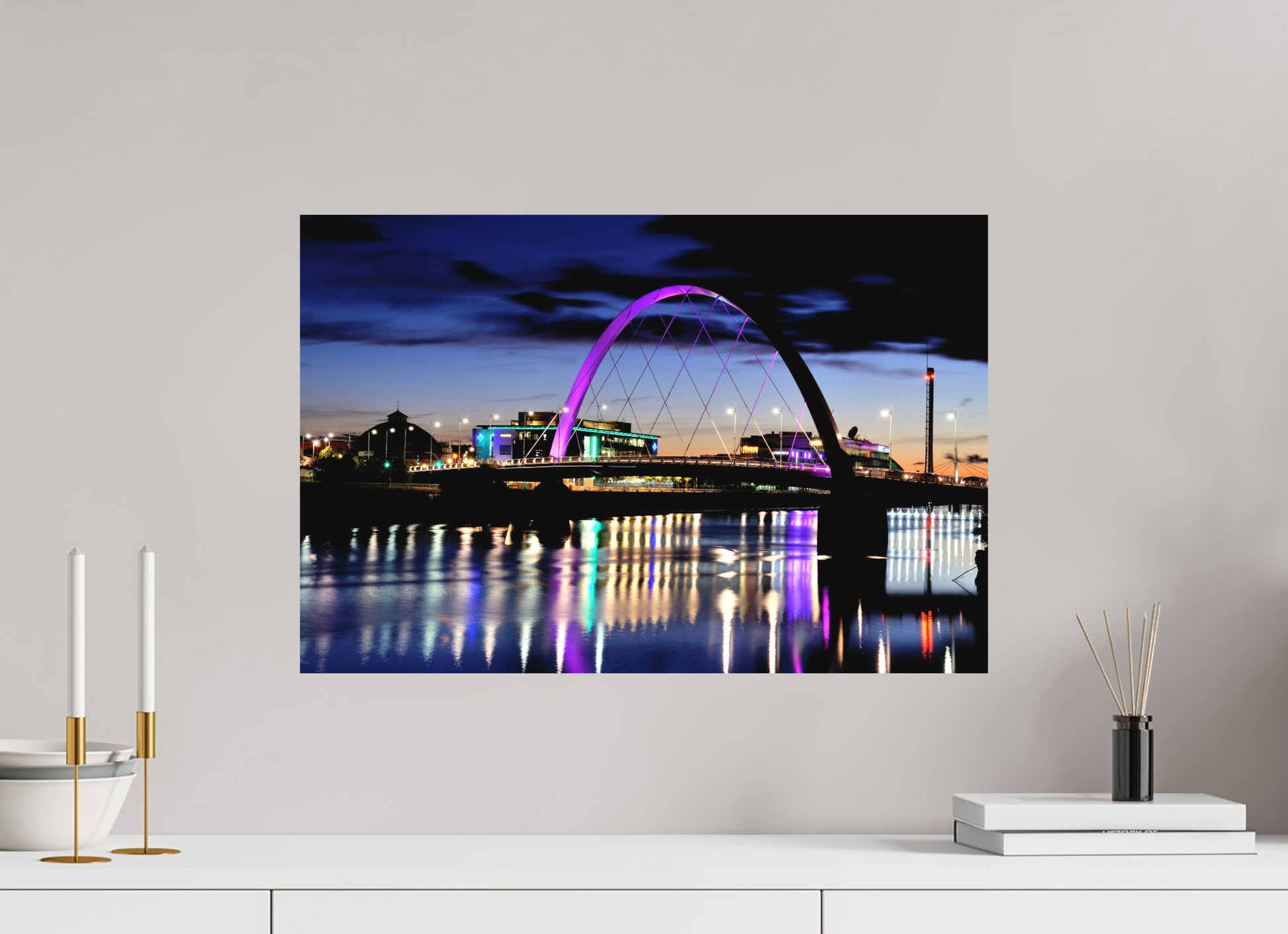 60 x 40 cm, Direct Print on Aluminium Dibond Glasgow Squinty Bridge at Night | Modern Scottish Cityscape Wall Art