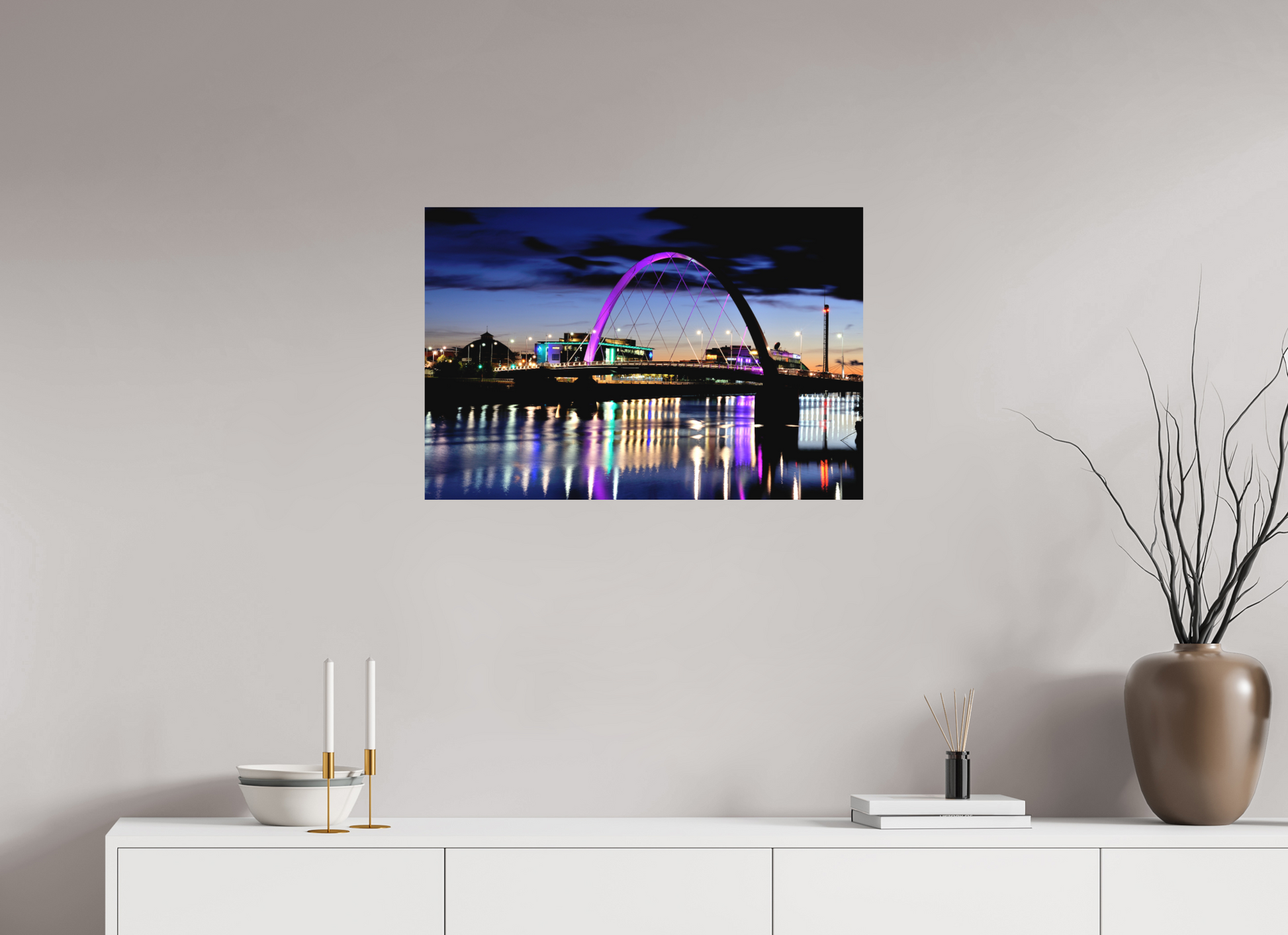 75 x 50 cm, Direct Print on Aluminium Dibond Glasgow Squinty Bridge at Night | Modern Scottish Cityscape Wall Art
