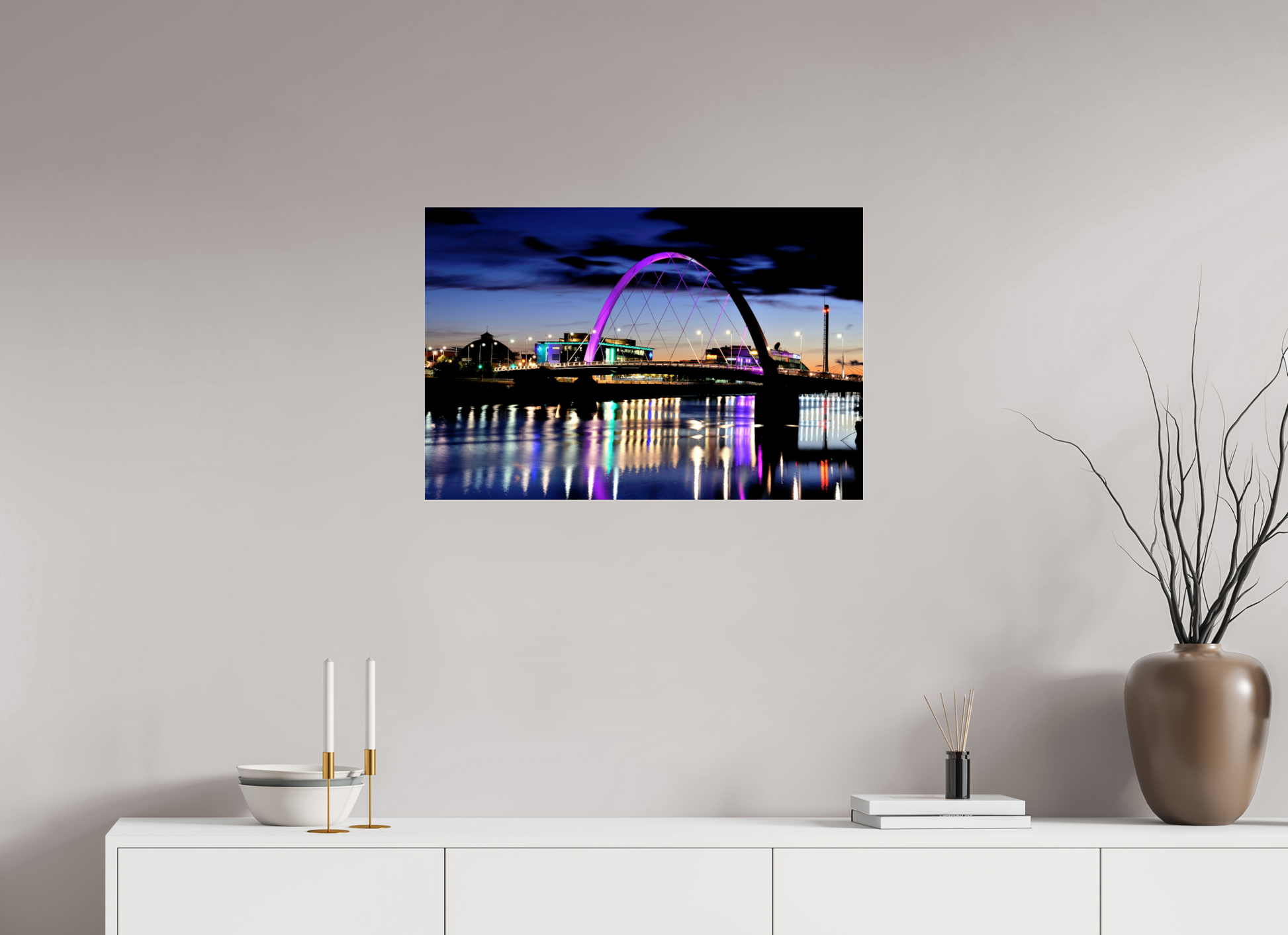 75 x 50 cm, Photo Print Under Acrylic Glass Glasgow Squinty Bridge at Night | Modern Scottish Cityscape Wall Art