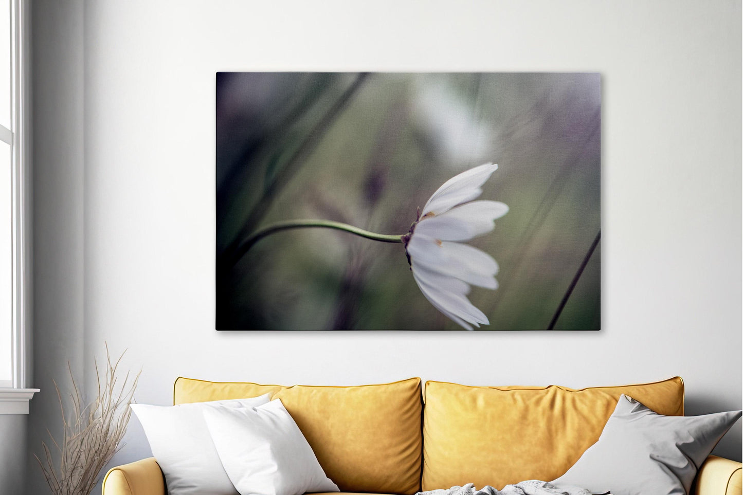 daisy blowing in wind canvas art in living room 