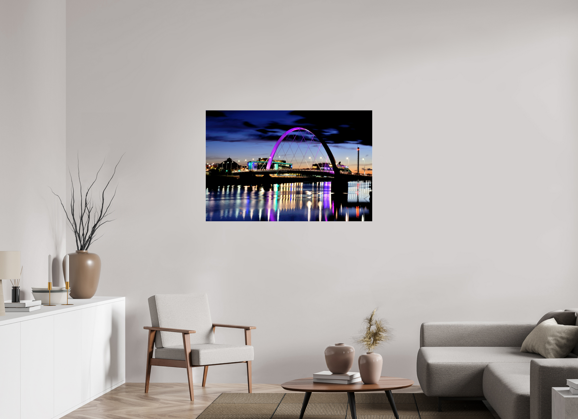 120 x 80 cm, Photo Print Under Acrylic Glass Glasgow Squinty Bridge at Night | Modern Scottish Cityscape Wall Art