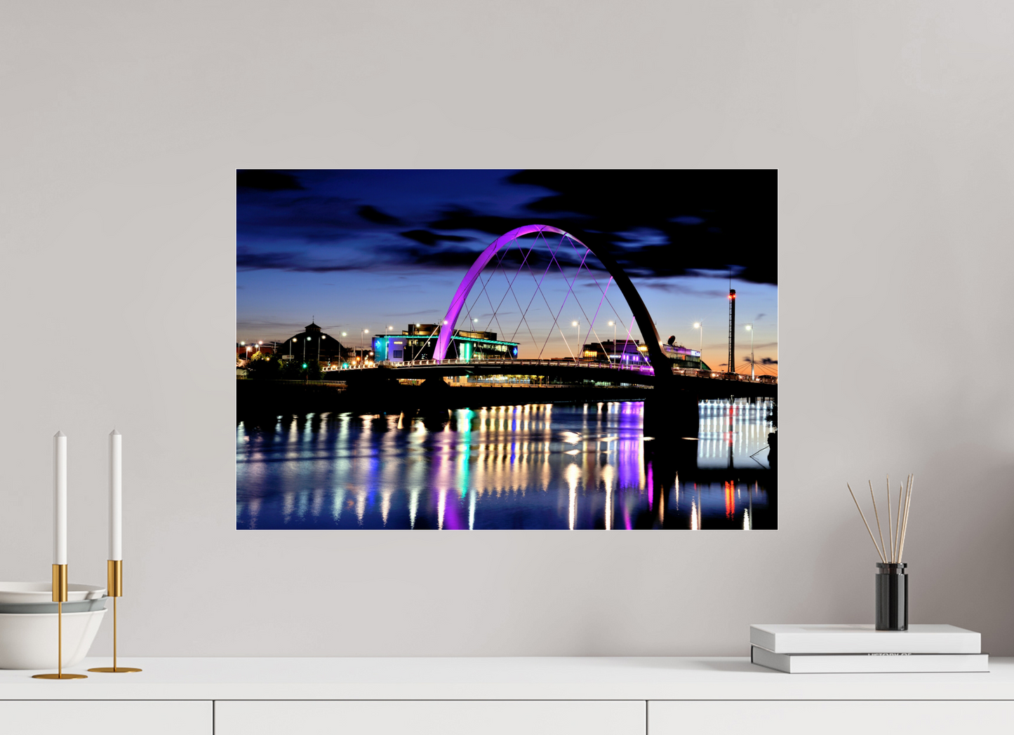 60 x 40 cm, Photo Print Under Acrylic Glass Glasgow Squinty Bridge at Night | Modern Scottish Cityscape Wall Art